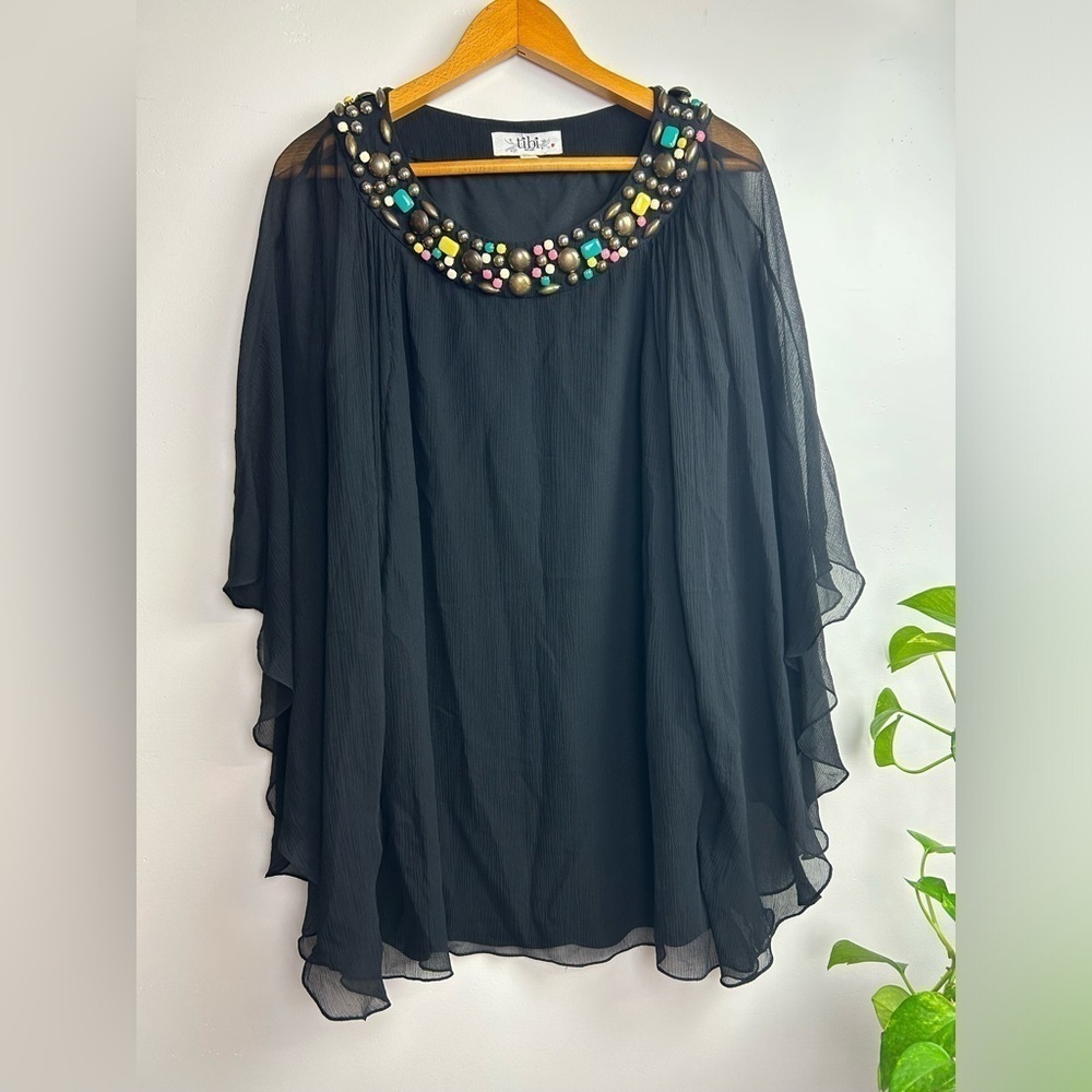 Tibi New York 100% Silk Embellished Neck Tunic Flare Mid Dress Black boho Sz 4